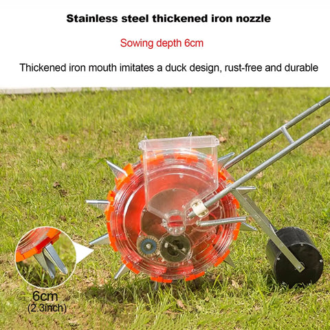 Adjustable Row Planter Seeder With Interchangeable 6 Seed Plates And Row Marker For Easy Yard Work Durable Build With Five Seeding Ports Semi Automatic Garden Seeder For Even Seed Distribution showing side view with stainless steel nozzle.