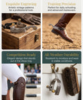 Western Cowboy Stainless Steel Spurs With Cowhide Belt German Silver Decorative Plate Featuring Gear Motif Copper Cap Buckle Spur Straps Included For Boots MP1229-02 on display and in use
