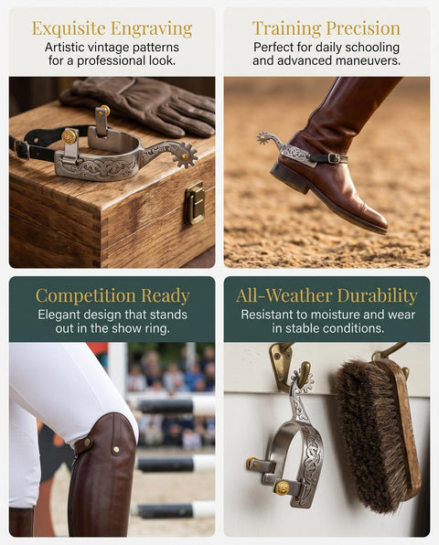 Western Cowboy Stainless Steel Spurs With Cowhide Belt German Silver Decorative Plate Featuring Gear Motif Copper Cap Buckle Spur Straps Included For Boots MP1229-02 on display and in use