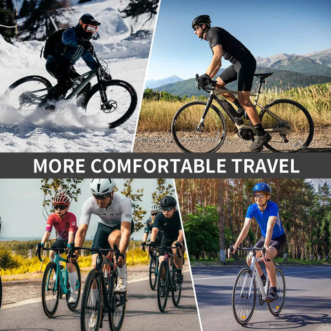 Cyclists on mountain and road bikes, highlighting Adjustable Bike Stem Riser Handlebar Extender That Boosts Your Ride Up To Five Point Two Inches Rise For One And One Eighth Inch Steerer Fits Road MTB BMX Cycles Aluminum Alloy Black Finish for a comfortable ride.