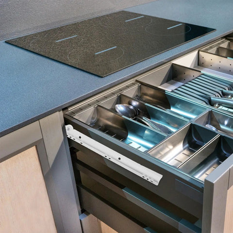 Open kitchen drawer showing Heavy Duty Cabinet Drawer Slides 10 Inch Track Rails with stainless steel, powder coated metal slides.
