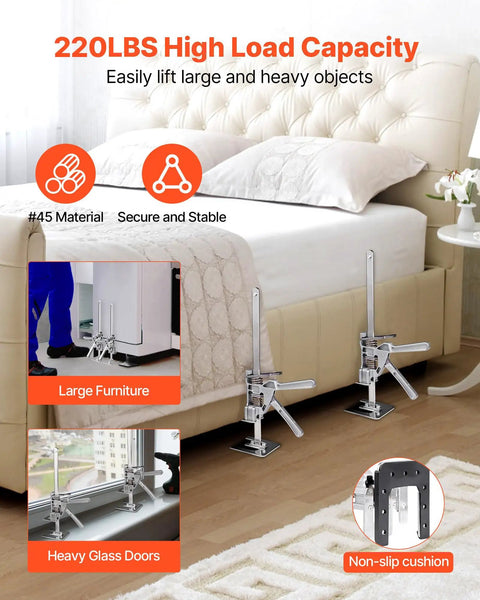Dual Action Labor Saving Arm Jacks 2 Pack Adjustable Height Hand Lifter For Doors Windows And Massive Furniture With Built In Magnet Level And Quick Release No Sweat Operation Tough As Nails Silver Finish lifting large furniture and heavy glass doors