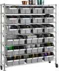 7-Tier NSF 21-Bin Steel Wire Shelving Rack With 48 W X 14 D X 56 H Gray Adjustable Leveling Feet Removable Gray Bins Beefy Heavy-Duty Garage and Workshop Storage Organizer, front view on wheels