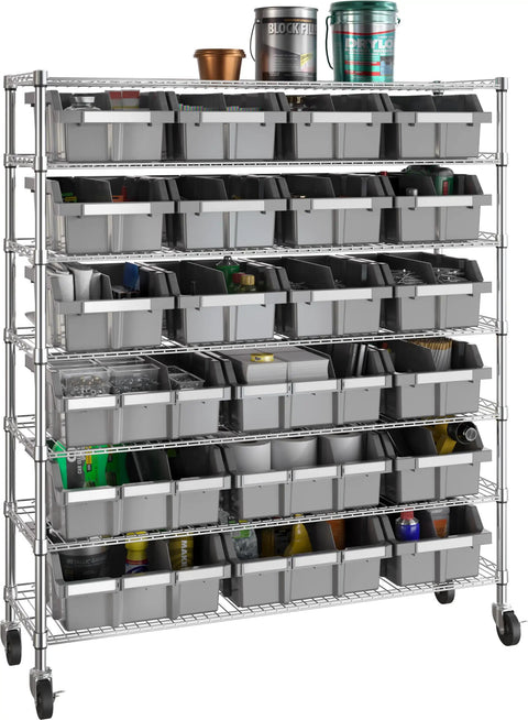 7-Tier NSF 21-Bin Steel Wire Shelving Rack With 48 W X 14 D X 56 H Gray Adjustable Leveling Feet Removable Gray Bins Beefy Heavy-Duty Garage and Workshop Storage Organizer, front view on wheels