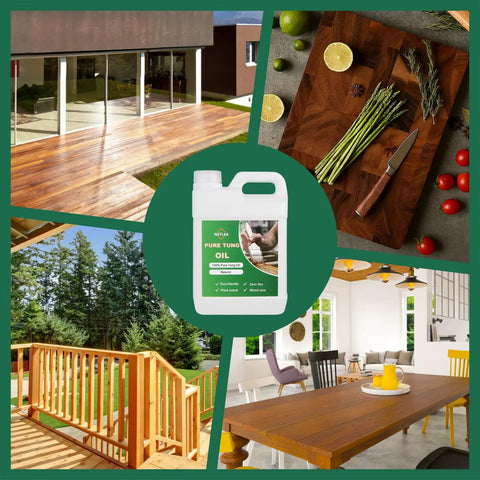 Hella Pure Tung Oil In A Massive 135 Oz Jug For 100 Percent Natural Wood Finish and Deep Penetrating Floor Sealant in outdoor and indoor settings.