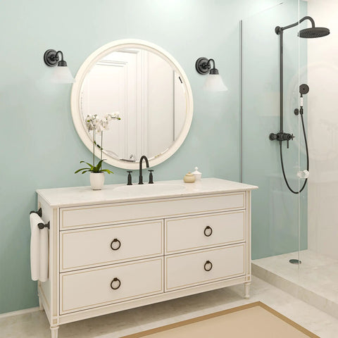 Bathroom with vanity featuring Millbridge Dimmable Vanity Light With Four Frosted Glass Shades In Oil Rubbed Bronze Traditional Style Fixture