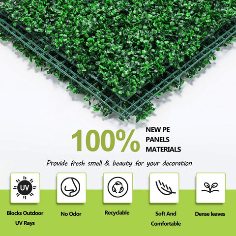 Boxwood Hedge Wall Panels 24 Pack 20x20 Inch Realistic Thick Artificial Greenery Backdrop Interlocking DIY Ready UV Resistant Privacy Screen For Indoor Outdoor Patio Balcony Garden Fence Decor Party Backdrop showing corner detail of recycled material.