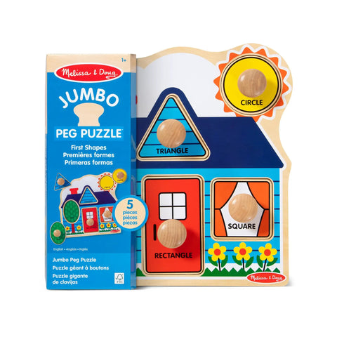 First Shapes Jumbo Knob Puzzle for Toddlers with Wooden Peg Pieces showing triangle, square, circle; kid-friendly shape matching.
