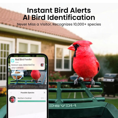 Solar Powered Bird Feeder With Camera And 2K HD Video For Real Time Bird Watching, AI Species Identification, Instant Arrival Alerts, Weatherproof Outdoor Design, Easy Setup For Effortless Bird Watching, Dope Gift For Bird Lovers, Red, shown with a red cardinal and mobile phone app displaying bird species identification.