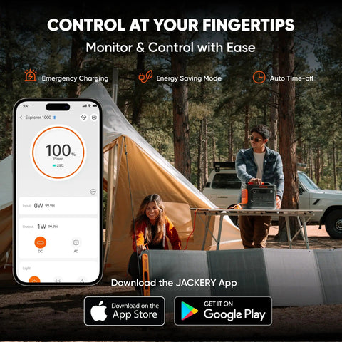 Solar Generator 1000 V2 Portable Power Station with smartphone app in forest, used for outdoor living and emergency.