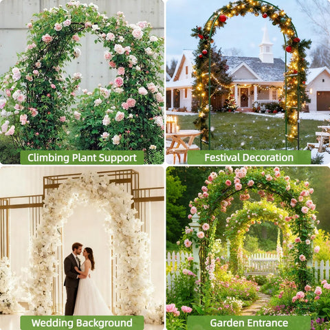 Composite image showcasing uses of Beefy Thickened Metal Garden Arch With Detachable Base for climbing plants, weddings, and garden decor.