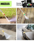 Four quick connect nozzles for HX3000 Portable Pressure Washer With Hose Reel, showing cleaning of grass, deck, pavement, and car.