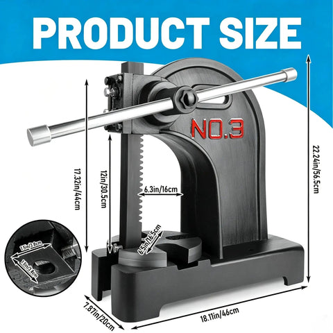 Heavy Duty Manual Arbor Press Machine 3 Ton Cast Iron Desktop Hand Tool dimensions with measurement details.