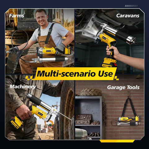 2-In-1 Electric Grease Gun Kit With 12000 PSI Cordless Power in various scenarios like farms, caravans, machinery, and garage tools