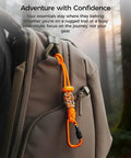 Tactical Paracord Gear Tether 2 Pack With Anti Loss Screw Lock Carabiner attached to backpack, rugged orange for EDC