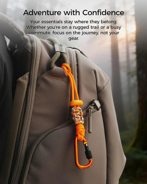 Tactical Paracord Gear Tether 2 Pack With Anti Loss Screw Lock Carabiner attached to backpack, rugged orange for EDC