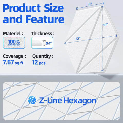 Kickass 12 Pack Hexagon Acoustic Panels For Walls product size chart showing 12x10 inch foam thickness 0.4 inches.