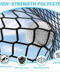 Golf Practice Hitting Net For Backyard Driving Range And Garage Batting Cage, 10 x 10 x 10 Ft, Heavy Duty 5 Layer Polyester Mesh With Roped Edges, Indoor Outdoor, Ideal For Golf Simulators, Frame Not Included, close-up of mesh and golf ball