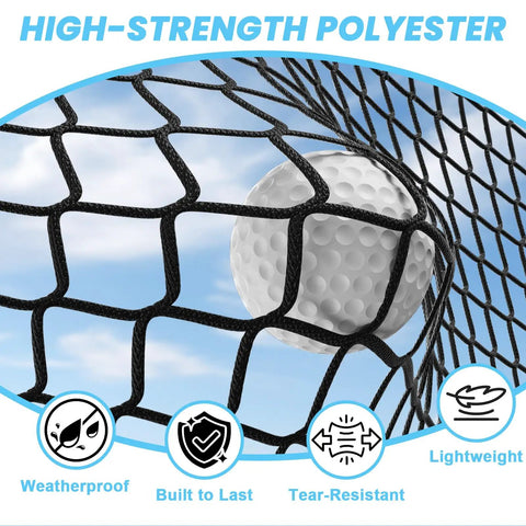 Golf Practice Hitting Net For Backyard Driving Range And Garage Batting Cage, 10 x 10 x 10 Ft, Heavy Duty 5 Layer Polyester Mesh With Roped Edges, Indoor Outdoor, Ideal For Golf Simulators, Frame Not Included, close-up of mesh and golf ball