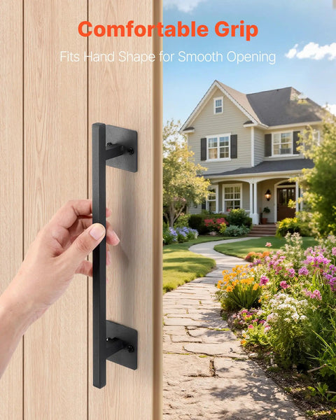 Rustic Barn Door Handle 12.6 Inch Built Tough for All Weather Gates Heavy Duty Carbon Steel Pull With Rust Resistant Coating Easy Install Sliding Door Handle for Garage Shed Closet Pantry Black Finish shown on a wooden door with a hand gripping it, garden and house visible in background.