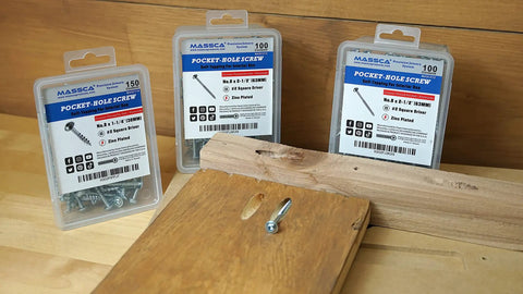 Pocket Hole Screw Set Self Tapping Zinc Plated Wood Screws With Washer Head For Fine Thread And Coarse Thread In Inch Sizes From One To Two And A Half Inches Silver Metallic Great For DIY Projects displayed with wood panel and packaging.