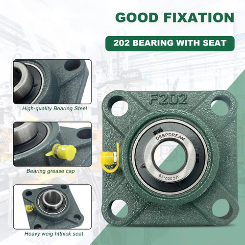 Two Pack UCF202-10 Pillow Block Bearing 5/8 Inch Bore, 4 Bolt Square Flange Mount, Self Aligning and Greasable, Cast Iron Housing, Easy Install, A Real Workhorse For Machinery And Conveyors, front view
