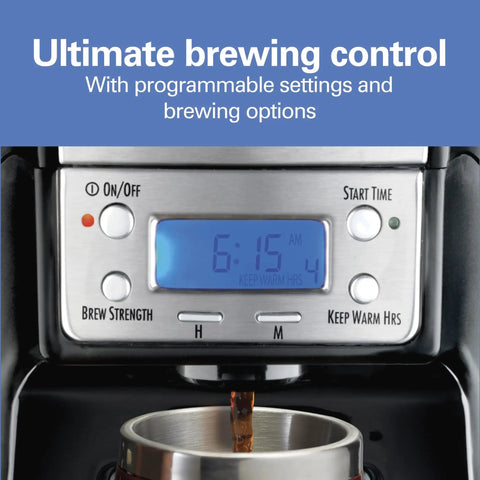 Display panel of One Press Programmable Dispensing Drip Coffee Maker With Internal 12 Cup Brew Pot And Water Reservoir No Carafe Design.