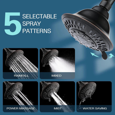 High Pressure Rain Shower Head With Fixed Shower Mount, 5 Spray Settings From Rain To Power And Massage, Anti Clog Nozzles