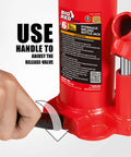 Close-up of a Hydraulic Bottle Jack 6 Ton Capacity With Wide Lift Range And Top Extension showing handle use for release-valve adjustment.