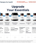 Display of various supplementary bottles including Vitamin D Supreme, Magnesium Glycinate Complex, Whole Body Collagen, and others by Designs for Health