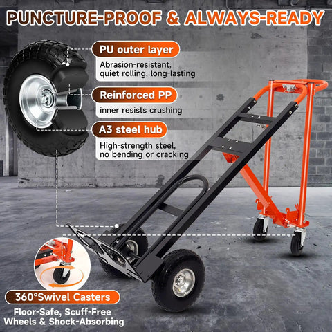 4 In 1 Convertible Hand Truck Heavy Duty Alloy Steel Folding Dolly Cart with 10 inch solid tires and steel frame detail