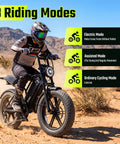 Rider on Beast Mode Fat Tire Electric Bike for Adults with 1500W peak motor in desert, showcasing riding modes.