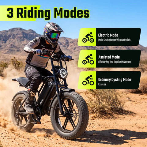 Rider on Beast Mode Fat Tire Electric Bike for Adults with 1500W peak motor in desert, showcasing riding modes.