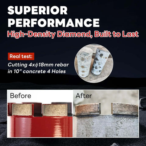 DaduoRi 4-inch wet core drill bit for concrete with diamond; circular view of bit and before/after drilling