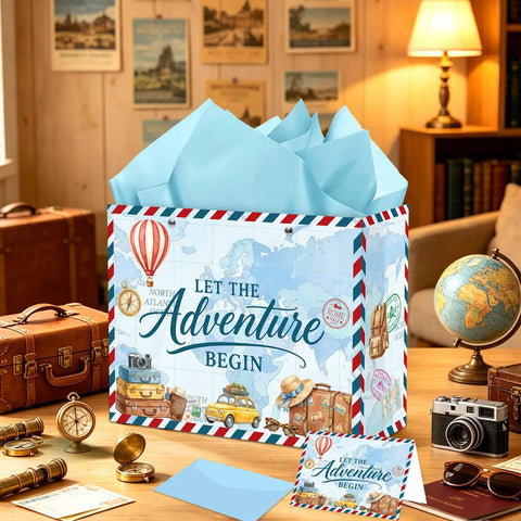 Awesome 13 Inch Travel Gift Bag Kit With Retirement Card Sky Blue Tissue Paper Vintage Envelope Set For Adventure Sendoff Party Gift Wrap Totally Dope Package Idea For Friends Moving Away Or College Graduation Events So You Love, travel bag with sky blue tissue