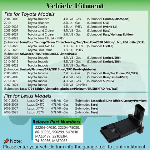 Mass Air Flow MAF Sensor Replacement For Cars And Trucks 22204-75030 22204-0F030 Plug And Play High Performance Accurate Air Intake Meter Compatible With ECU And Engine Control Unit; Toyota Lexus fitment chart