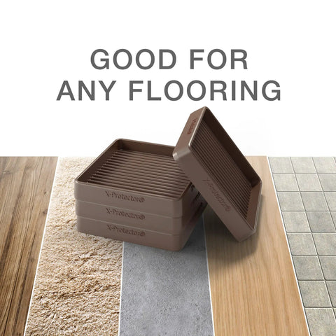 Slip Resistant Furniture Pads, 4 Pack, 4 Inch Brown Rubber Floor Protectors For All Surfaces stacked on various flooring types.