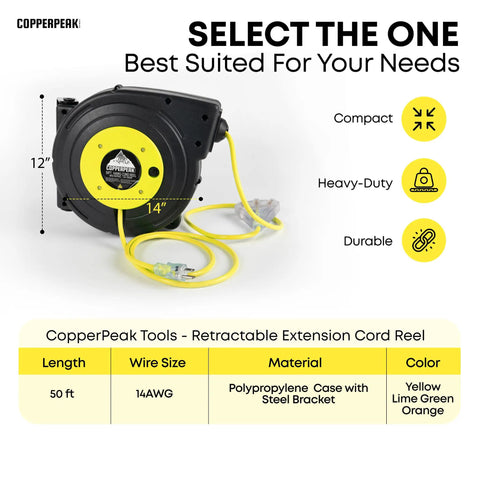 Retractable Extension Cord Reel With 50 Ft Reach, 14 AWG, 3 Outlets, Yellow And Grey, Compact Design, Wall Mountable