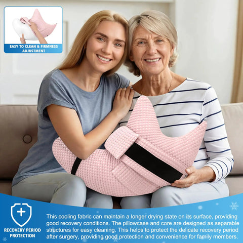 Two women smiling with Cooling Shoulder Surgery Pillow With Ergonomic Design For Postop Relief Side Sleeper Support Rotator Cuff Pain