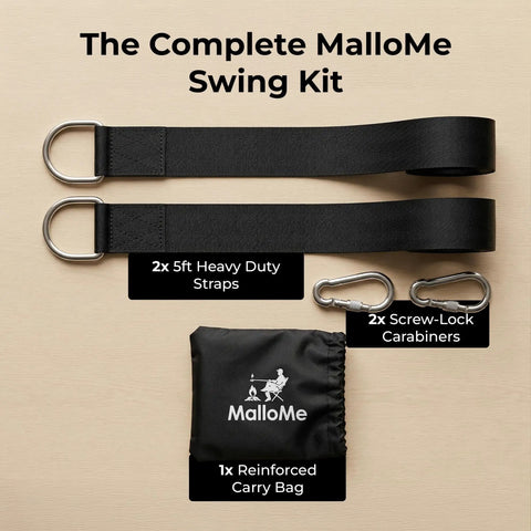 Heavy Duty Tree Swing Straps And Hammock Straps Kit with D-ring mounts, screw-lock carabiners, and carry bag for outdoor use.