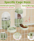 Game Changer Hanging Auto Feeder And Gravity Water Dispenser Combo For Bunnies And Ferrets on a wire cage, showing size specifications.