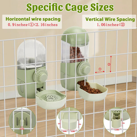 Game Changer Hanging Auto Feeder And Gravity Water Dispenser Combo For Bunnies And Ferrets on a wire cage, showing size specifications.