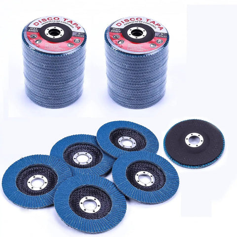 5 Inch Aluminum Oxide Flap Discs 40 Grit High Density Industrial Abrasive Sanding Discs displayed in stacks and set