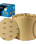 100-pack 6-inch PSA gold sanding discs with self-adhesive backing, P80 grit, aluminum oxide.