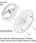 Illustration showing Round Ceiling Diffuser 8 Inch White With 360 Degree Air Deflection And Step Down Diffuser Ring Steel Construction.