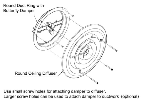 Illustration showing Round Ceiling Diffuser 8 Inch White With 360 Degree Air Deflection And Step Down Diffuser Ring Steel Construction.