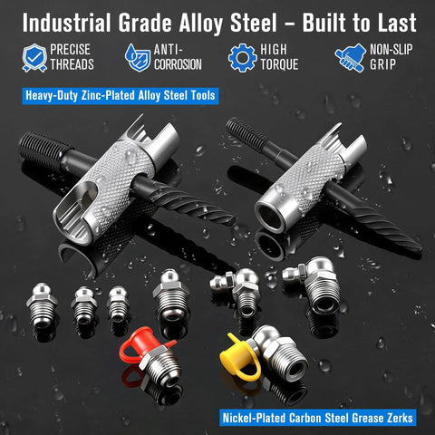 Complete Grease Fitting Replacement Kit With Zerk Tools And SAE And Metric Fittings displayed with zinc-plated alloy tools