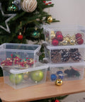 Clear White 10 Pack 1.3 Qt Small Storage Bins With Lids, stackable plastic containers holding Christmas ornaments and decor