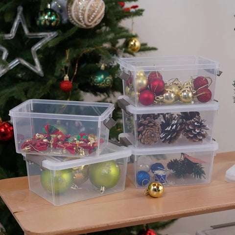 Clear White 10 Pack 1.3 Qt Small Storage Bins With Lids, stackable plastic containers holding Christmas ornaments and decor