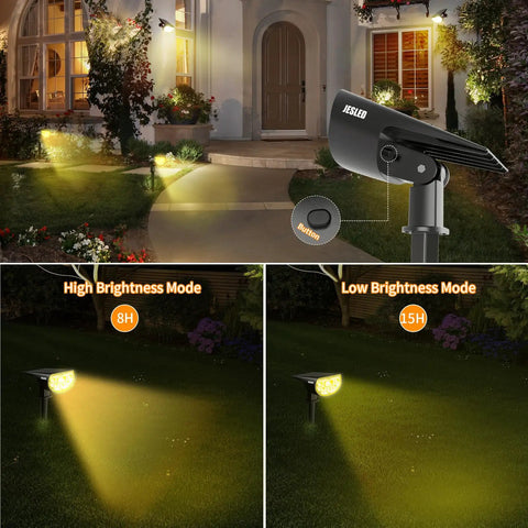 Outdoor Solar Spotlights 650 Lumen IP67 Waterproof Warm White 3000K illuminating garden and porch at night, 6 pack